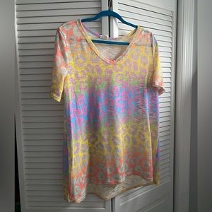 BiBi rainbow leopard cheetah print short sleeve flown top, size large